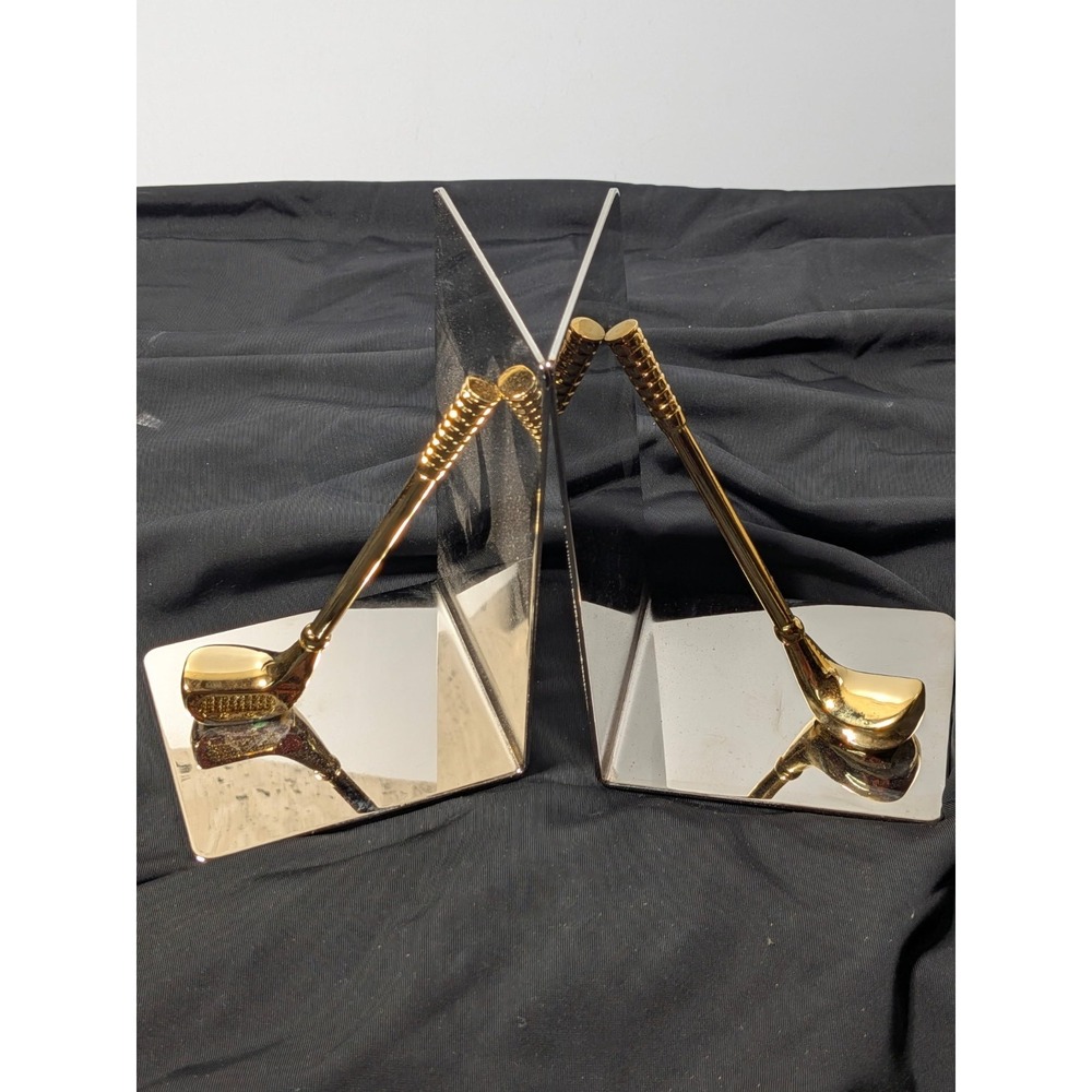 Vintage Golf Club Bookends,‎ Polished Silver & Gold Tone Executive Office Decor